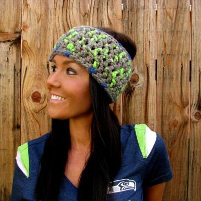Seattle Seahawks Wool Wrap Headband Hair Accessory Band Hawks Fashion Neckwarmer Scarf Blue Green Grey w/ Reclaimed Wood Buttons Woman Men