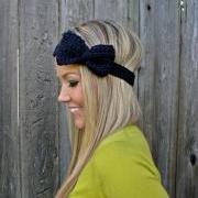 Navy Blue Bow Headband with Natural Vegan Coconut Shell Buttons - Adjustable