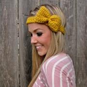 Mustard Bow Headband with Natural Vegan Coconut Shell Buttons - Adjustable