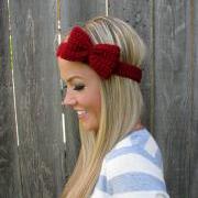 Crimson Red Bow Headband with Natural Vegan Coconut Shell Buttons - Adjustable