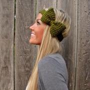 Olive Green Bow Headband with Natural Vegan Coconut Shell Buttons - Adjustable