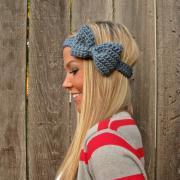 Dusty Blue Bow Headband with Natural Vegan Coconut Shell Buttons - Adjustable