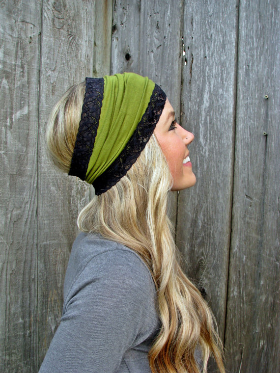 Moss Green Rayon Cotton Jersey Knit Headband With Stretch Lace Trim on
