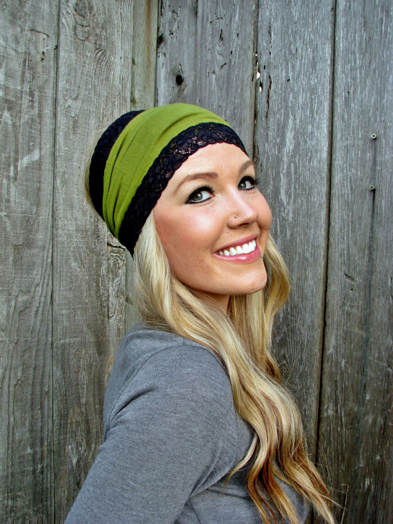 Moss Green Rayon Cotton Jersey Knit Headband With Stretch Lace Trim on